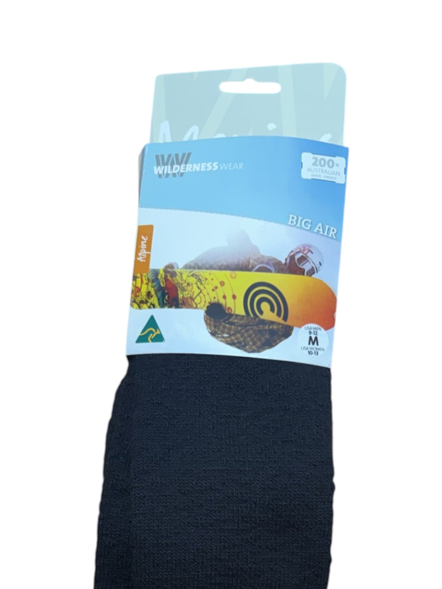 Black sock with a branded packaging label on a white background