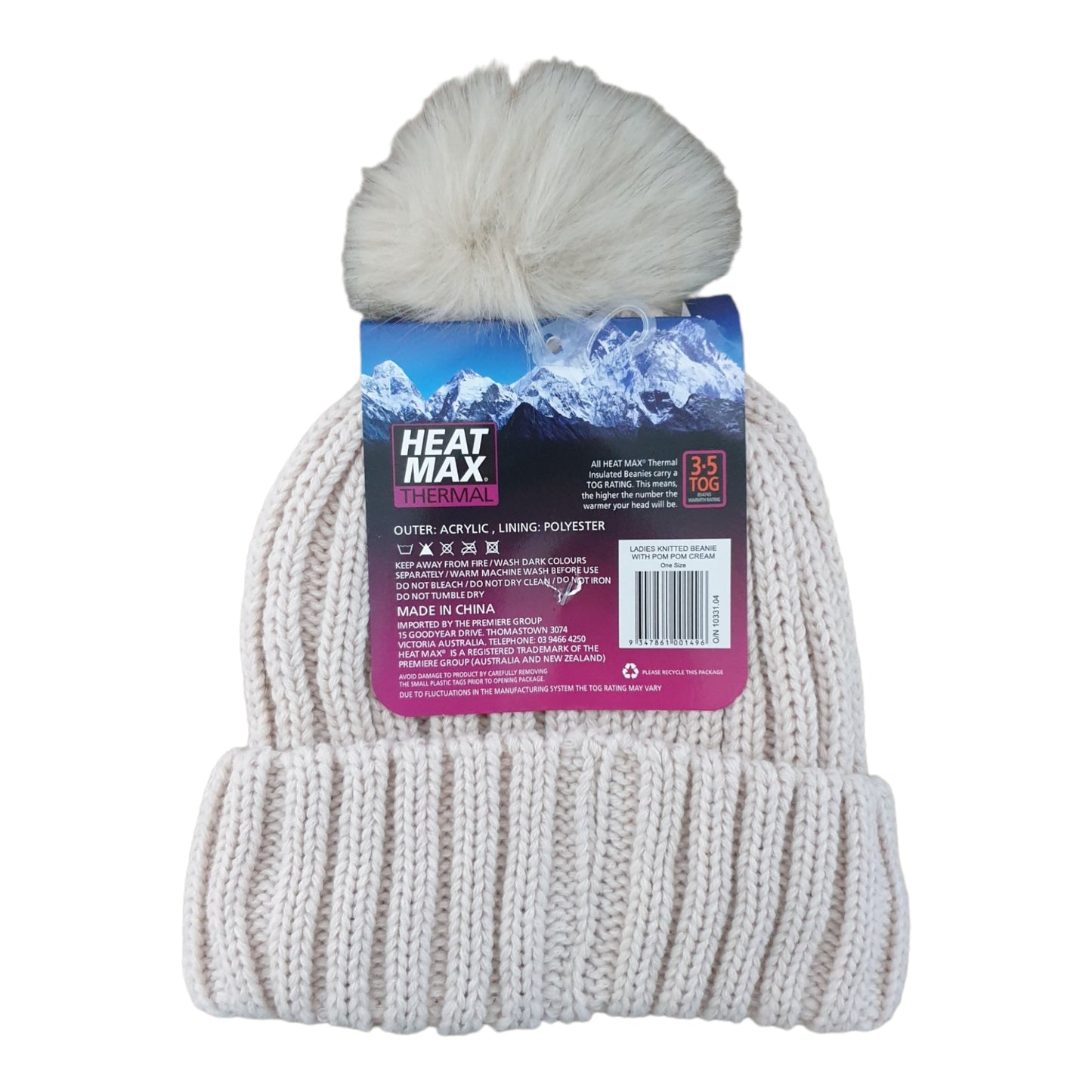 Heat Max Thermal Ladies Knitted Beanie With Pom Pom - Cream
