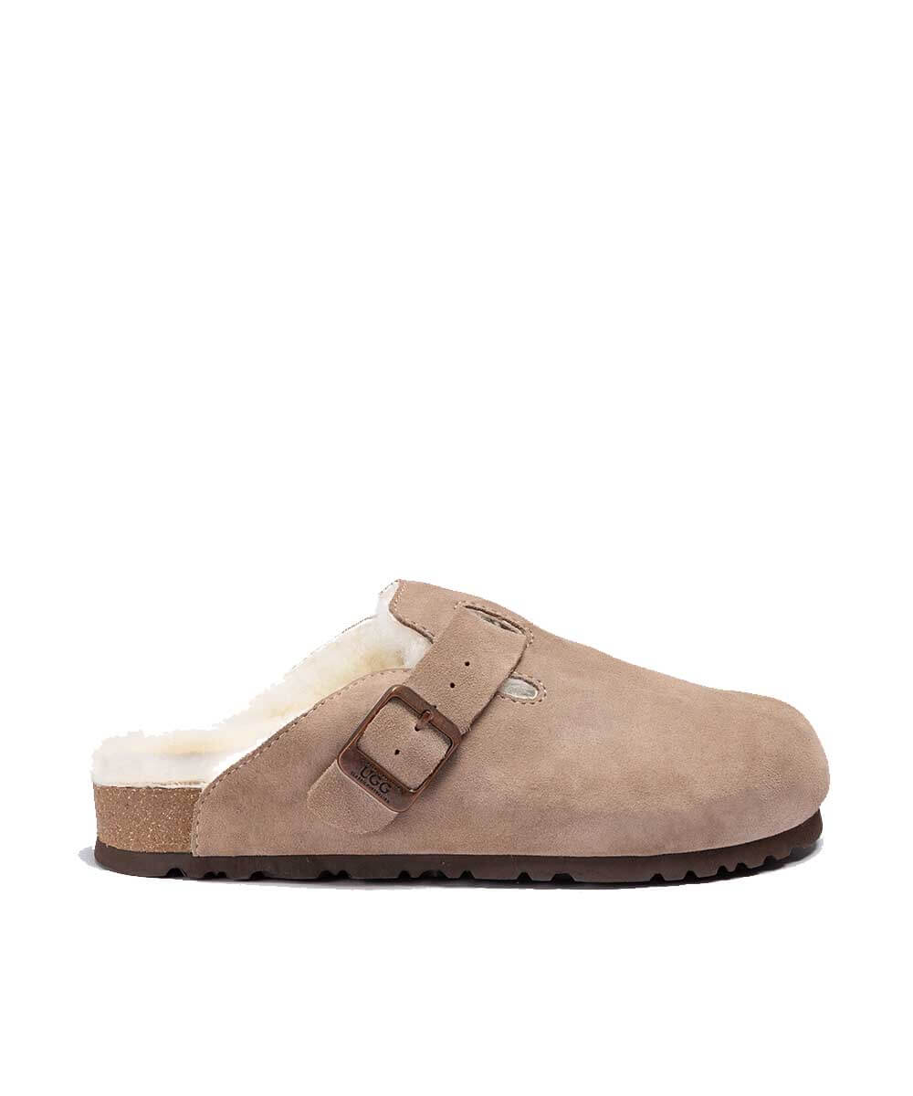 Taupe suede slipper with shearling lining on a white background
