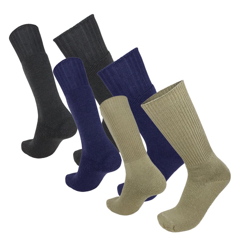 Set of four pairs of socks in black, blue, and beige on a white background