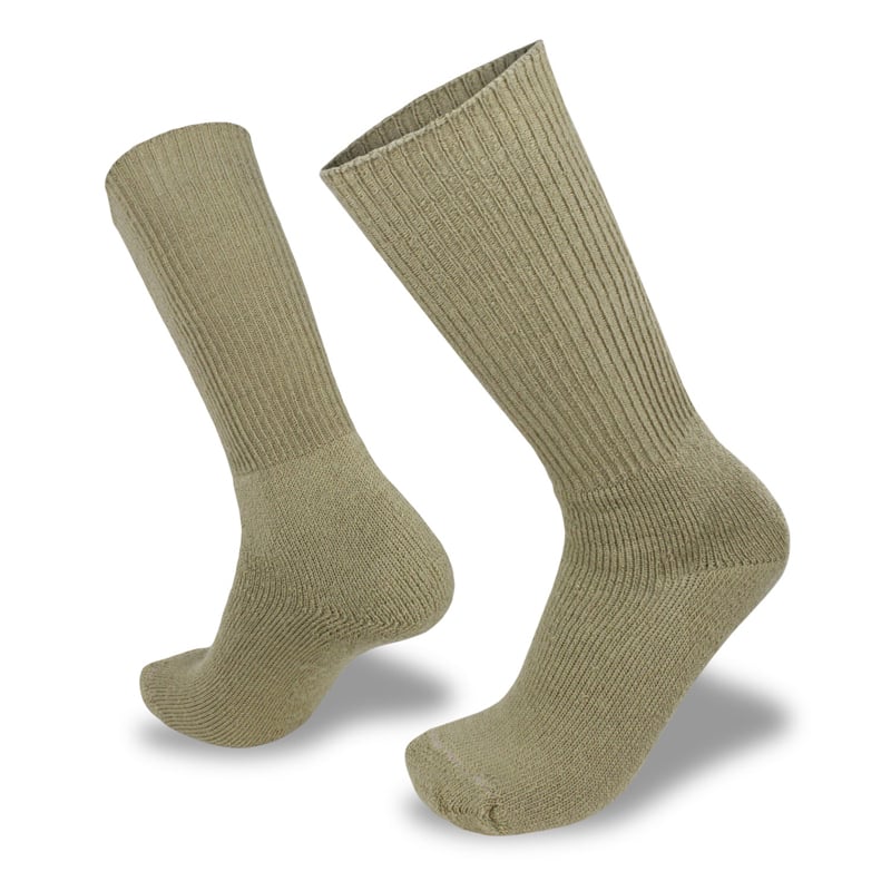 Pair of taupe socks on a white background