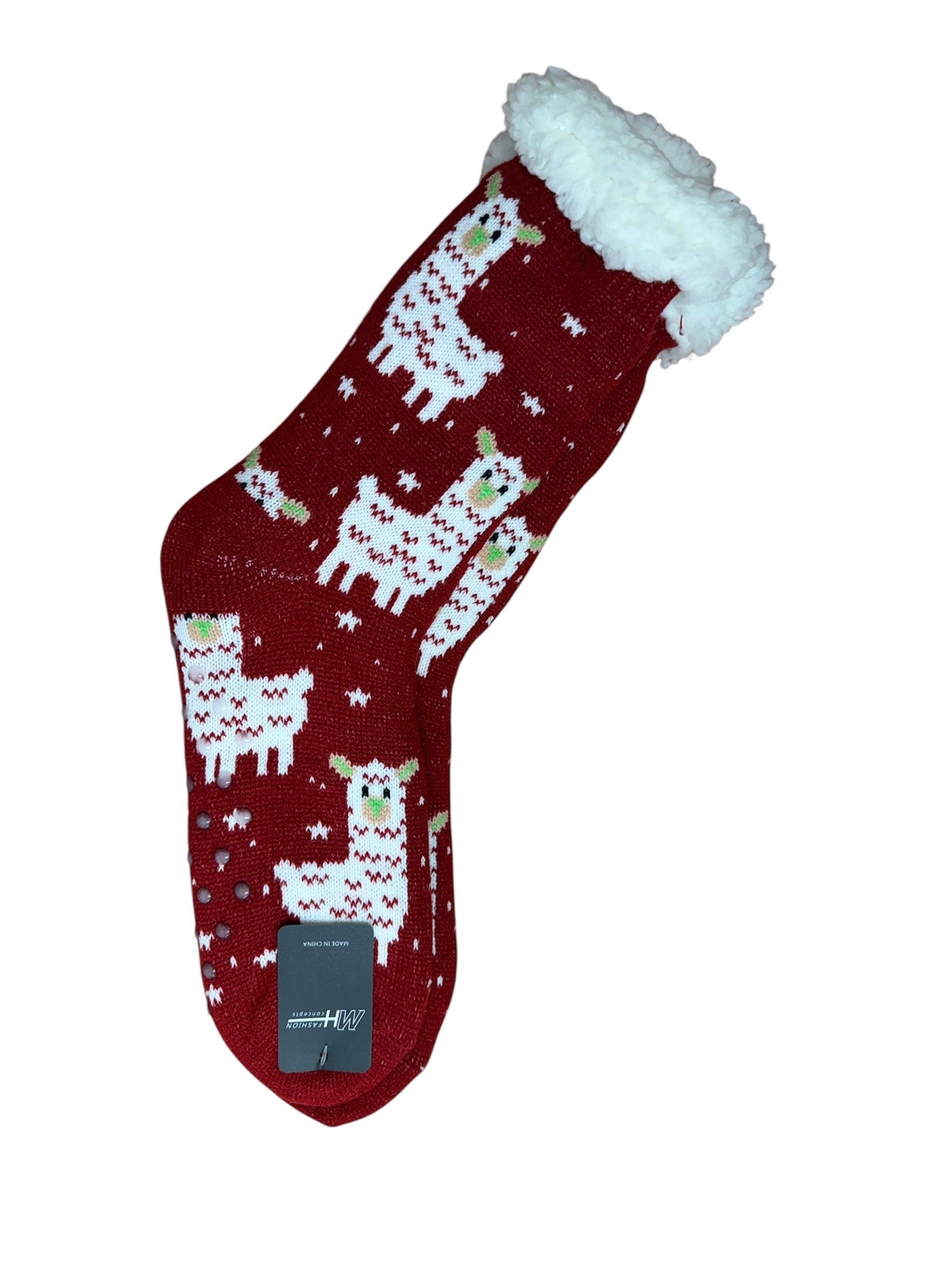 Red sock with llama pattern on a white background