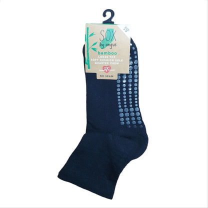 Bamboo Quarter Crew Cushion Foot Loose Tops Socks w/Grip // 3-8 Black