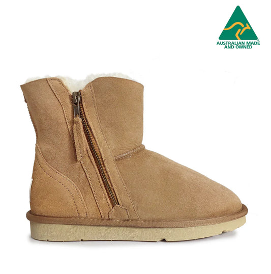Tan suede boot with a zipper on a white background, featuring the 'Australian Made and Owned' logo.