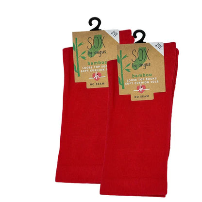 Two pairs of red socks on hangers with 'Sox by Angus' labels on a white background.