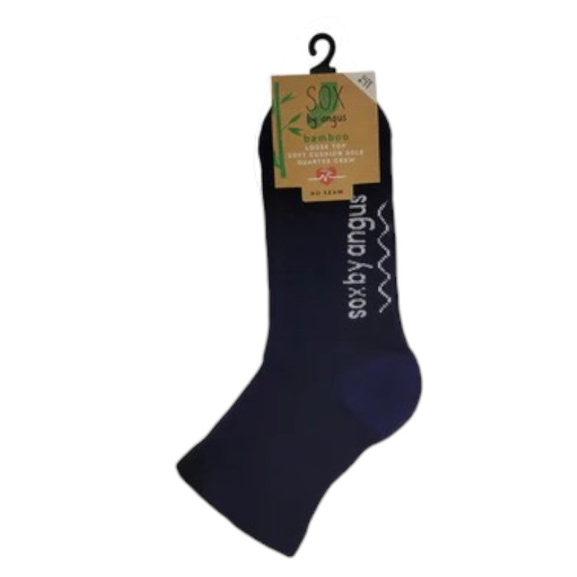 Navy sock with white text on a white background
