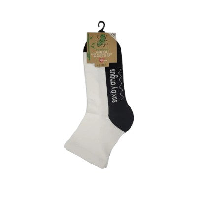 White and black sock with brand name on a white background