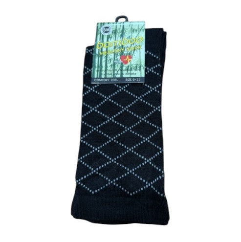 Black patterned socks with a visible brand label on a white background