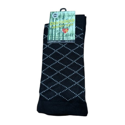 Black patterned socks with a visible brand label on a white background