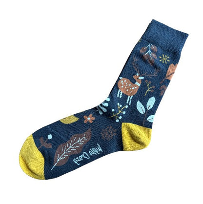Navy sock with floral patterns and yellow accents on a white background