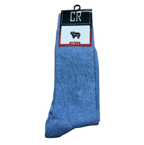 Blue sock with a brand label on a white background