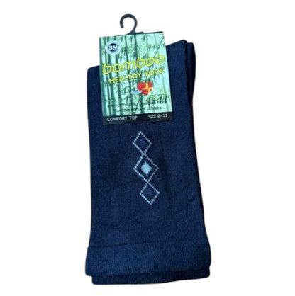 Pair of navy blue socks with a diamond pattern on a white background, featuring a green tag.