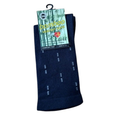Navy blue bamboo socks with a visible brand label on a white background
