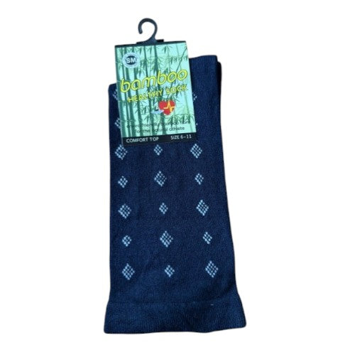 Navy blue socks with white diamond pattern on a white background