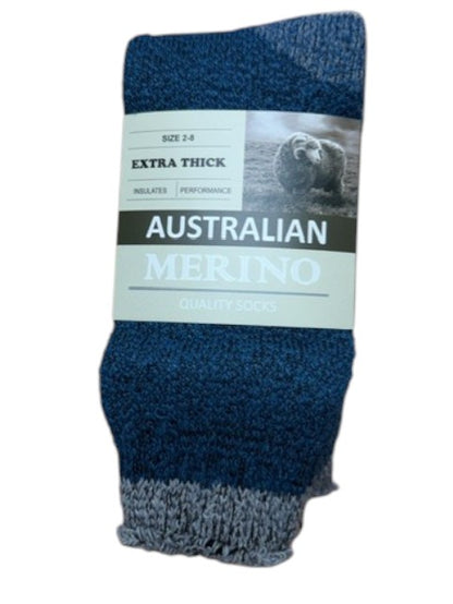 Pair of blue and gray socks with a label on a white background