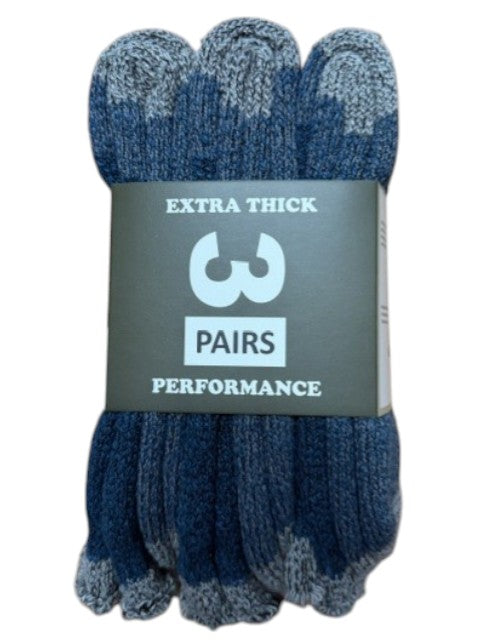 Pack of extra thick socks with a label indicating '3 pairs' on a white background