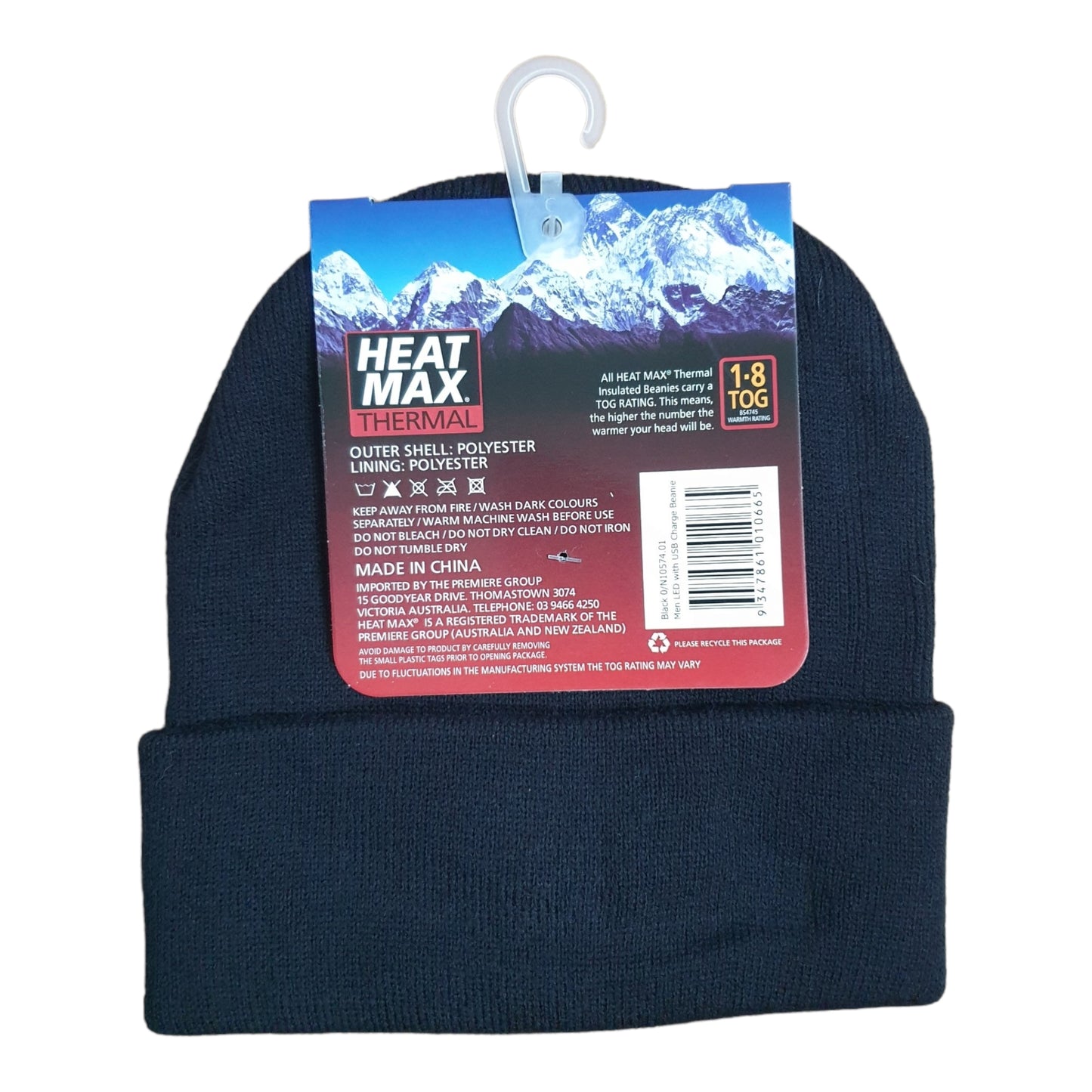 Heat Max Thermal Mens LED With USB Charger Beanie - Black