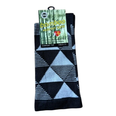 Packaged bamboo socks with geometric pattern on a white background