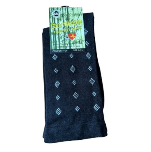 Packaged black bamboo socks with a pattern on a white background