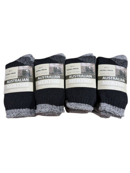 Dozen of black socks with gray accents and 'Australian' branding on a white background.