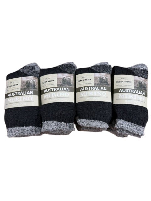 Dozen of black socks with gray accents and 'Australian' branding on a white background.