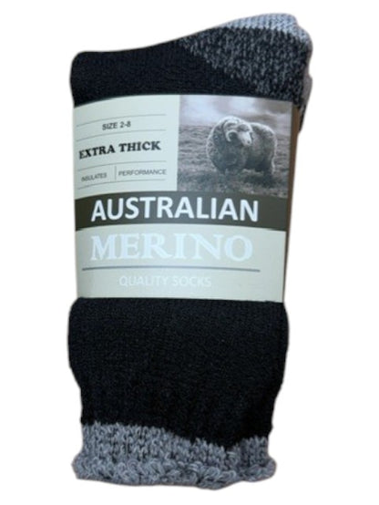 Black and gray sock with Australian Merino label on a white background