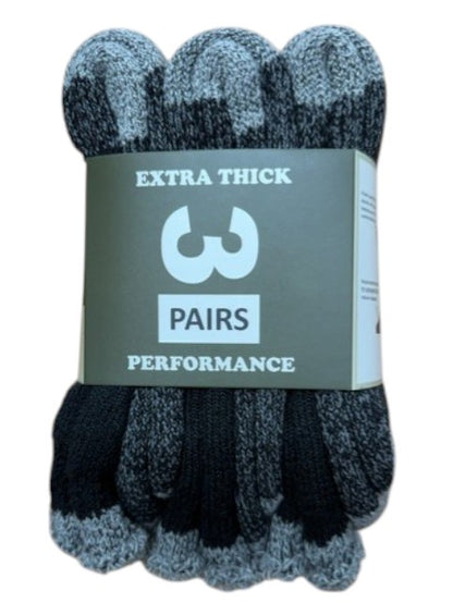 Pack of extra thick socks with a label indicating '3 pairs' on a white background