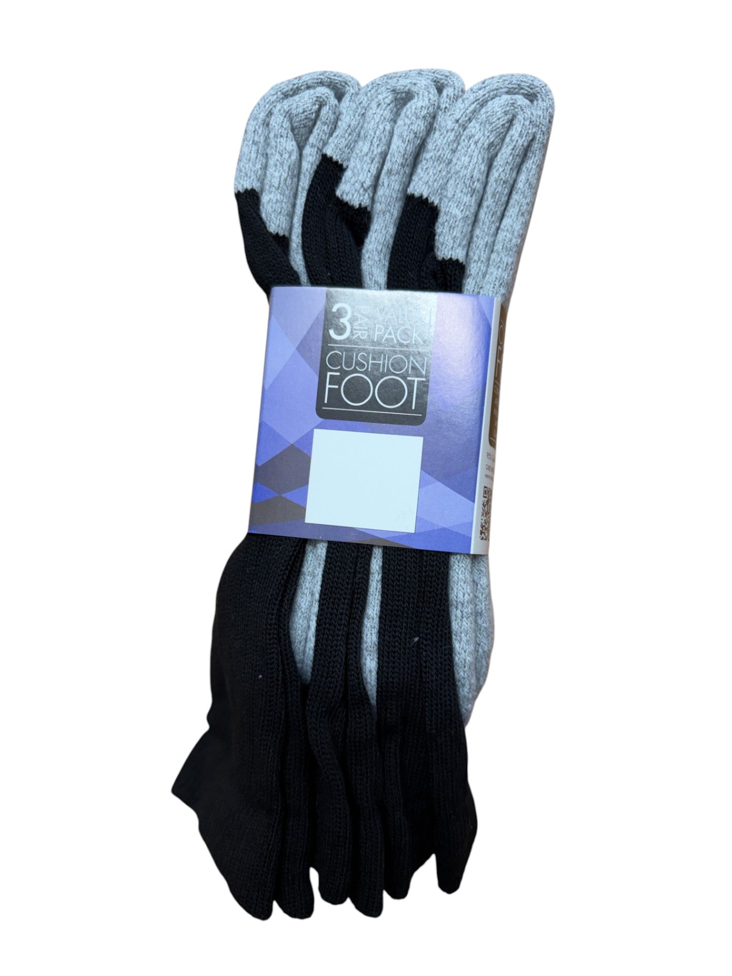 Pack of black and gray socks with a visible brand label on a white background
