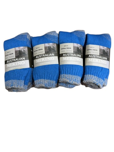 Four pairs of blue socks with gray accents and 'Australian Merino' labels on a white background.