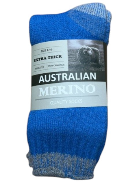Blue Australian Merino socks with label on a white background