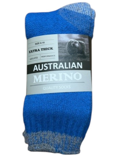 Blue Australian Merino socks with label on a white background