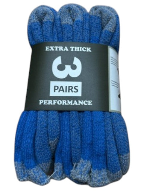 Pack of blue socks with a label indicating 'Extra Thick 3 Pairs Performance'.