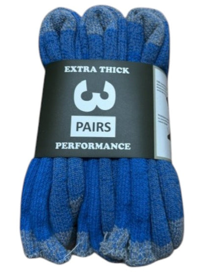 Pack of blue socks with a label indicating 'Extra Thick 3 Pairs Performance'.