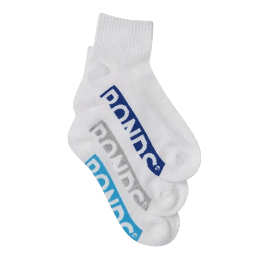 White socks with blue and gray text on a white background