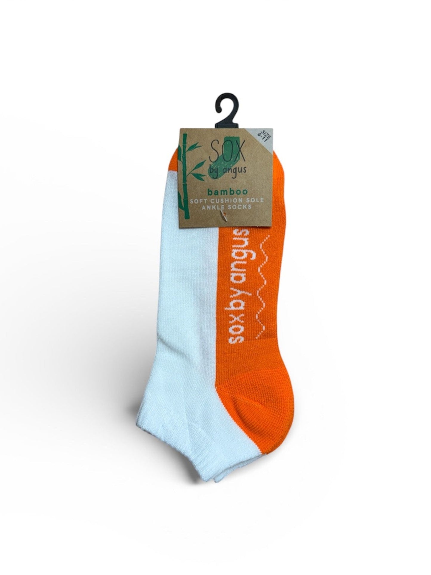 Orange socks on a white background with a brand label.