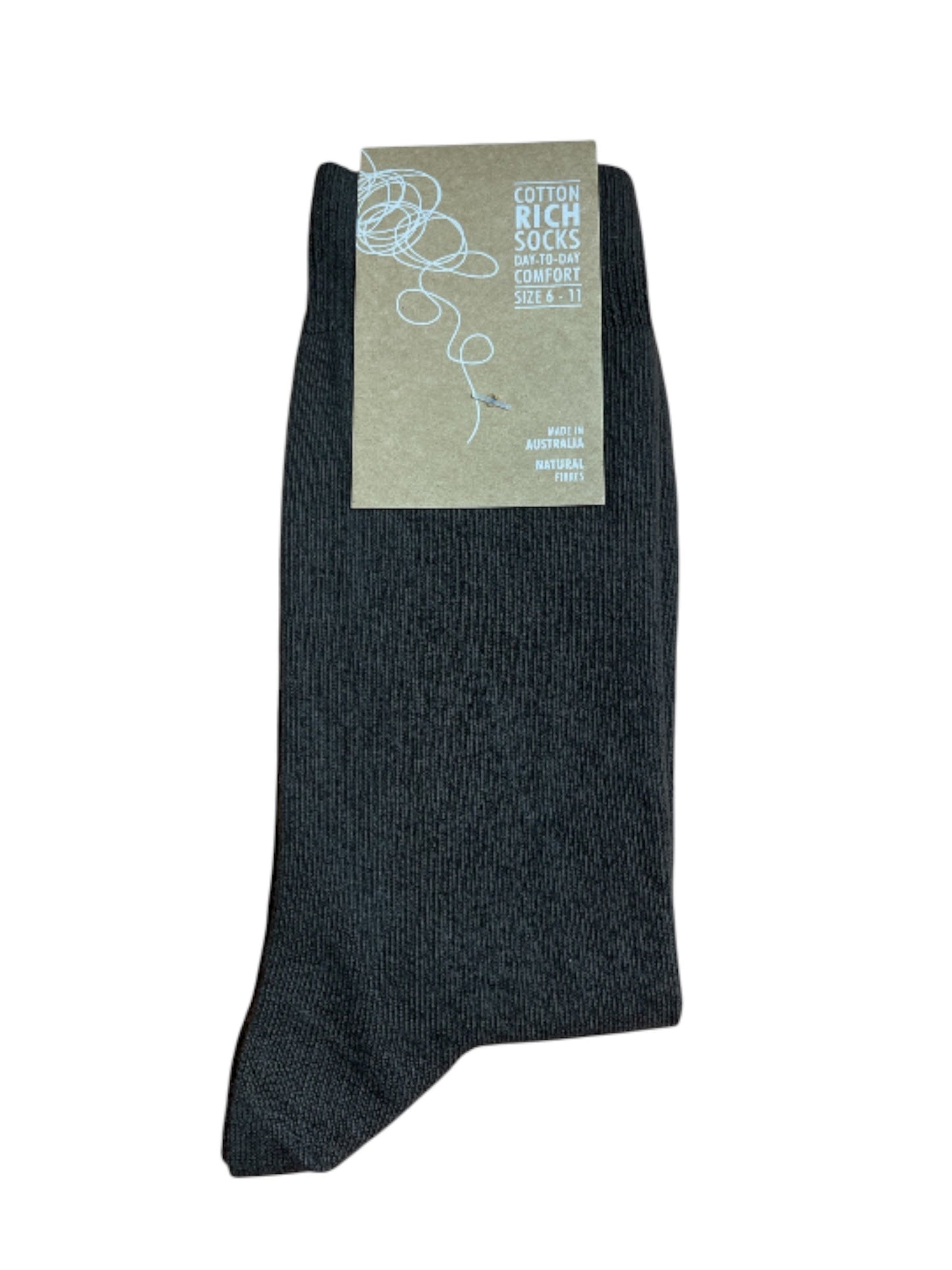 Dark grey sock with a label on a white background