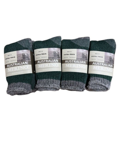 Four pairs of green and gray socks with 'Australian Merino' label on a white background
