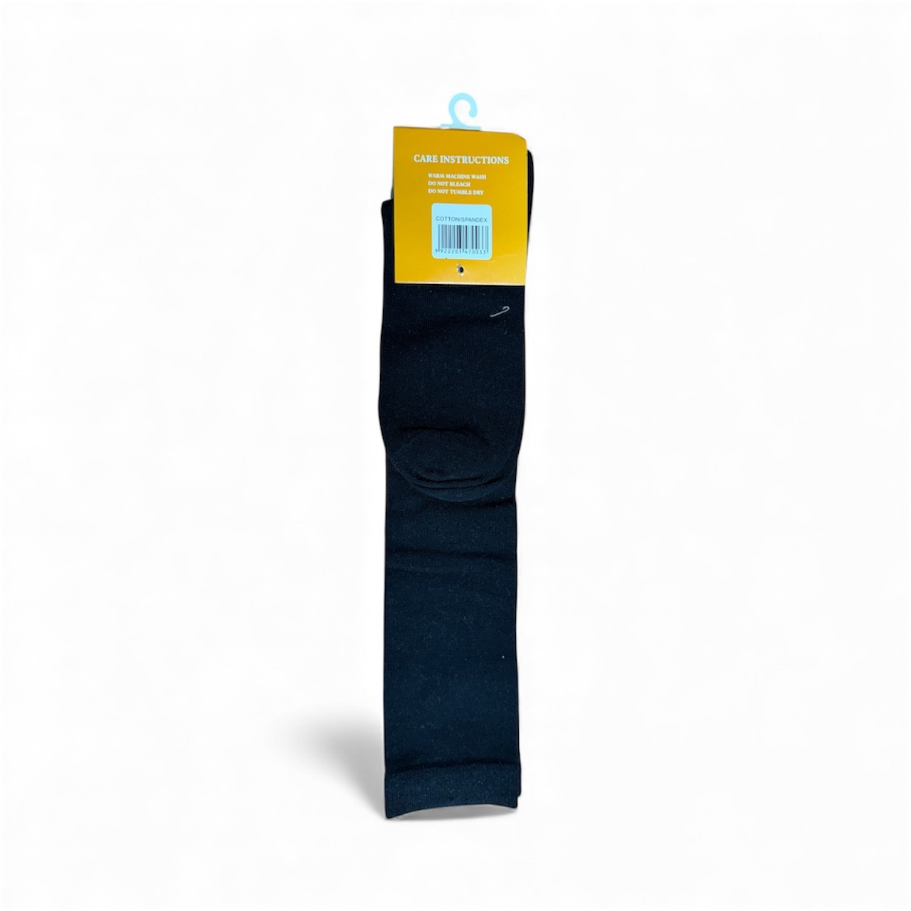 Pair of dark blue socks with a yellow tag on a white background