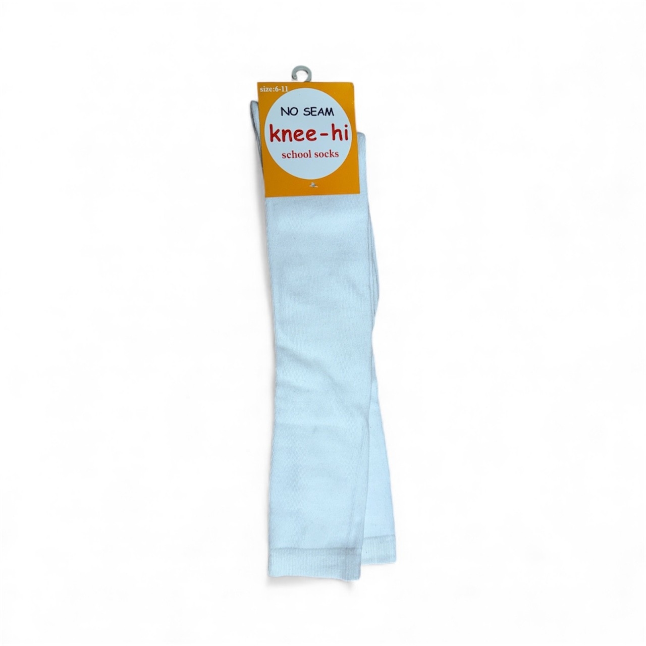Light blue knee-high socks with a packaging label on a white background