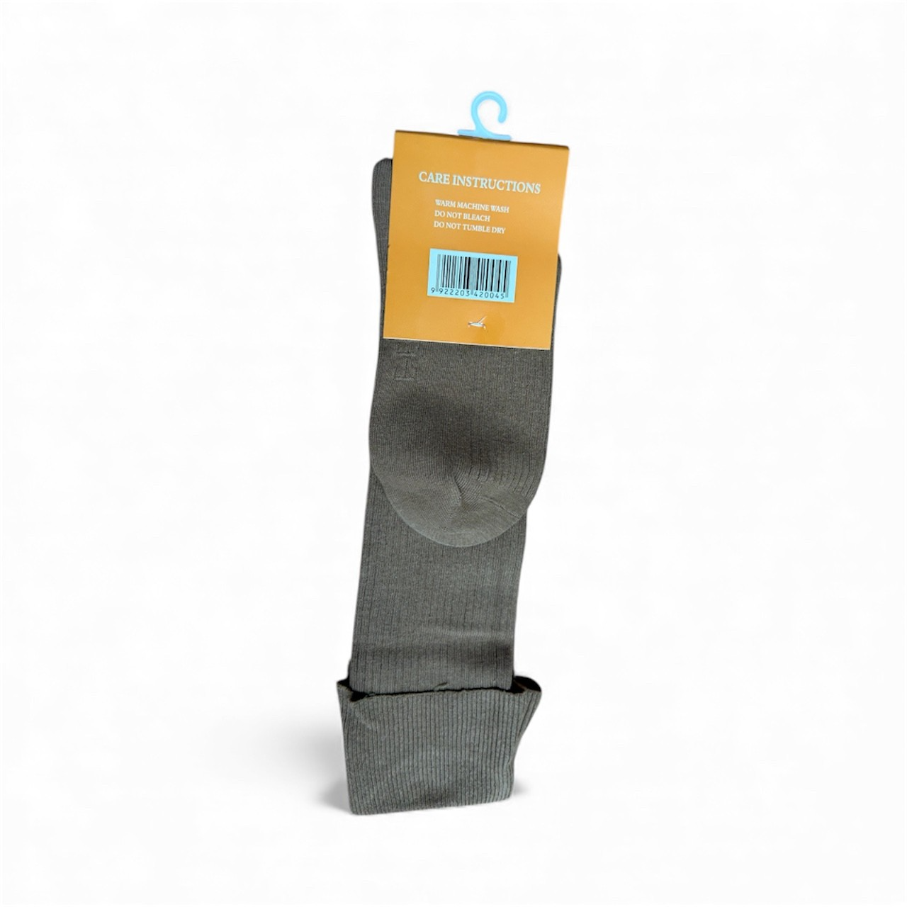 Gray sock with a care instructions label on a white background