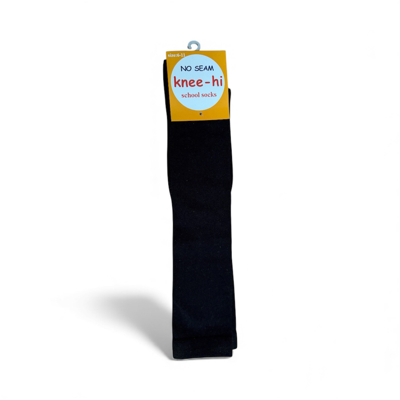 Black knee-high school socks with packaging on a white background