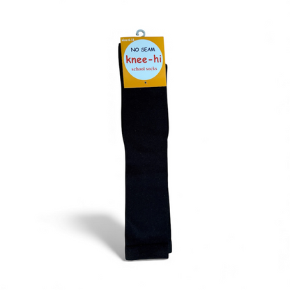 Black knee-high school socks with packaging on a white background