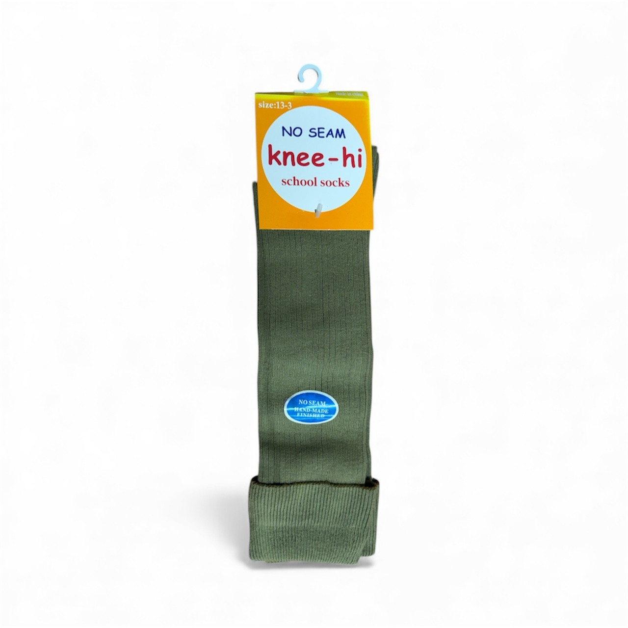 Green knee-high socks on a hanger with packaging labeled 'No Seam Knee-Hi School Socks'.