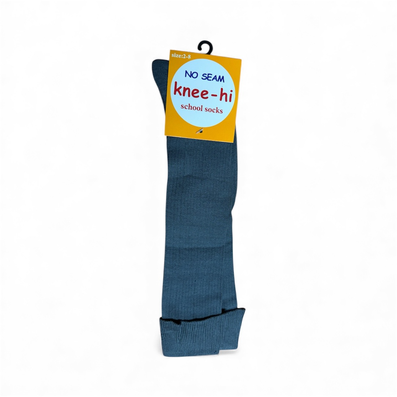 Blue knee-high socks with a packaging label on a white background