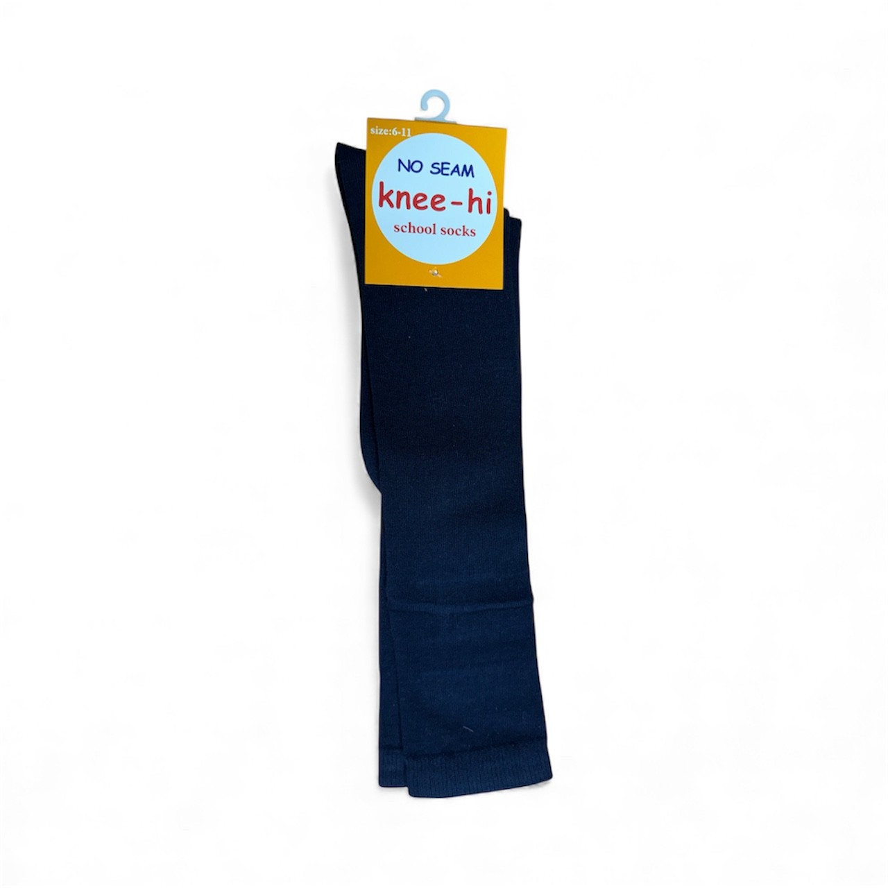 Navy knee-high socks on a white background with a 'No Seam' label.
