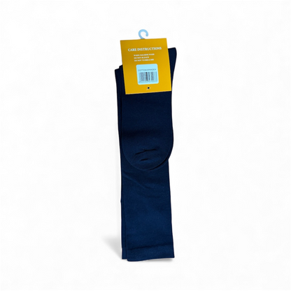 Navy blue socks with a yellow tag on a white background