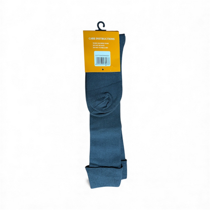 Blue sock with a yellow label on a white background