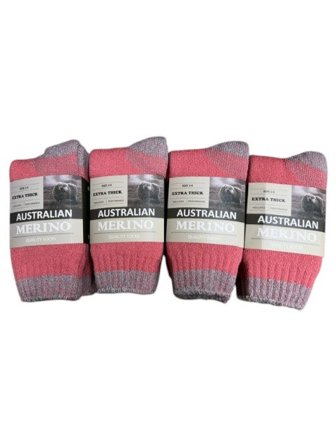 Dozen of fuchsia and gray socks with 'Australian Merino' label on a white background