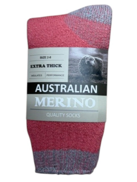 Fuchsia and gray sock with Australian Merino label on a white background