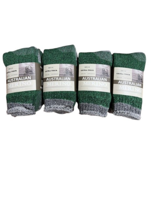 Four pairs of green socks with gray toes and heels on a white background, labeled 'Australian'.